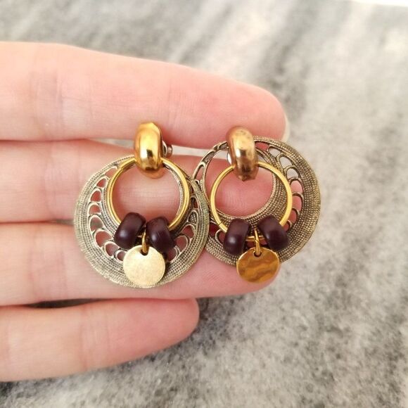 Vintage Boho Post Dangle Earrings, Beaded Hoop Design, Gold Tone and Black Beads - Picture 1 of 5